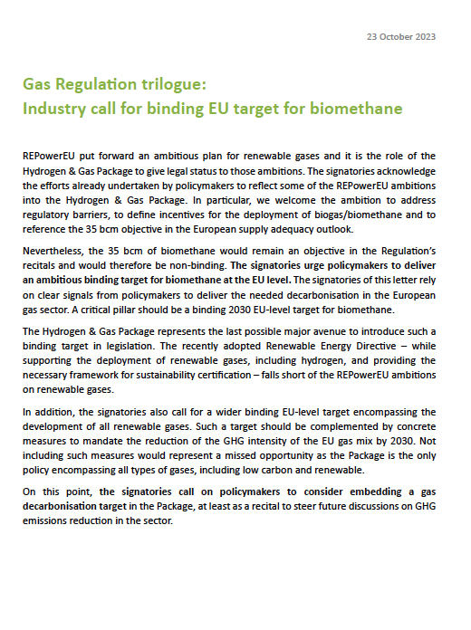 Gas Regulation Trilogue: Industry Call for Binding EU Target for Biomethane