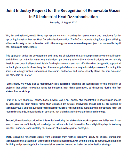 Joint Industry Request for the Recognition of RES in EU Industrial Heat Decarbonisation