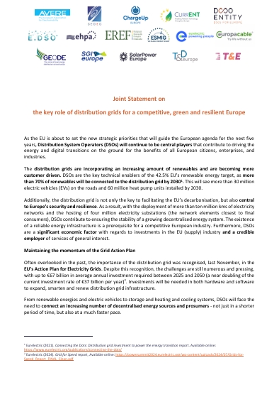 Joint Statement on the Key Role of Distribution Grids for a Competitive, Green and Resilient Europe