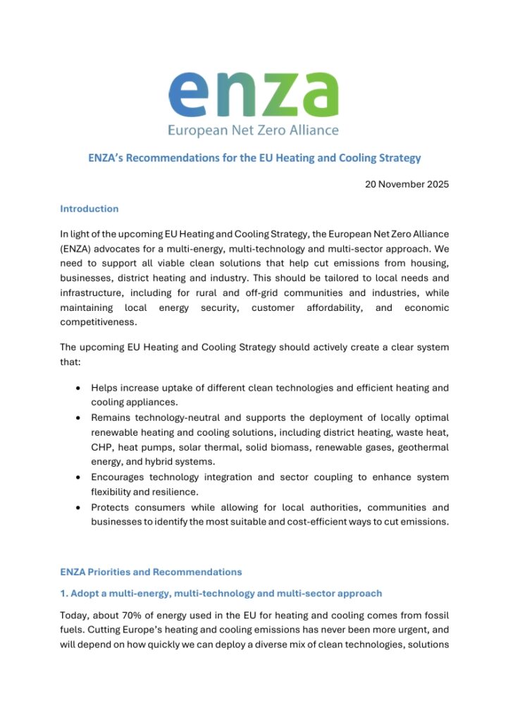 ENZA’s Recommendations for the EU Heating and Cooling Strategy