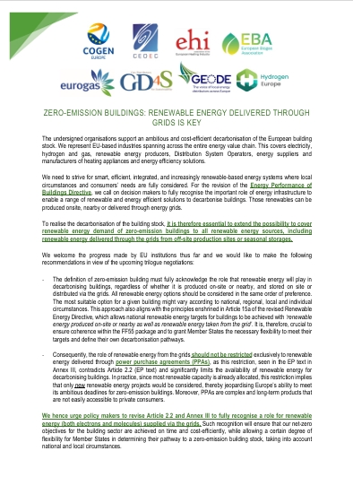 Joint Industry Statement on Zero Emission Buildings: Renewable Energy Delivered Through Grids is Key