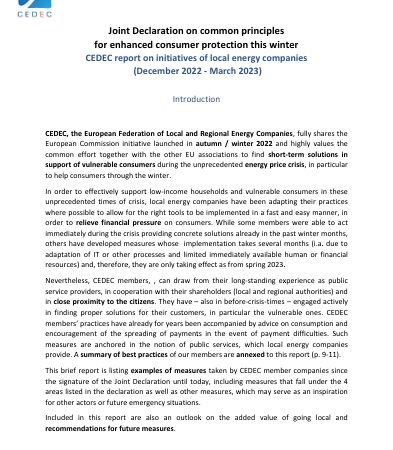 CEDEC Report on Initiatives of Local Energy Companies – Joint Common Principles for Consumer Protection this Winter