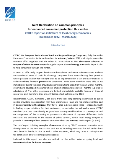 CEDEC Report on Initiatives of Local Energy Companies - Joint Common Principles for Consumer Protection this Winter
