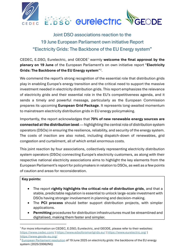 Joint Reaction to the EP INI Report “Electricity Grids: The Backbone of the EU Energy System”